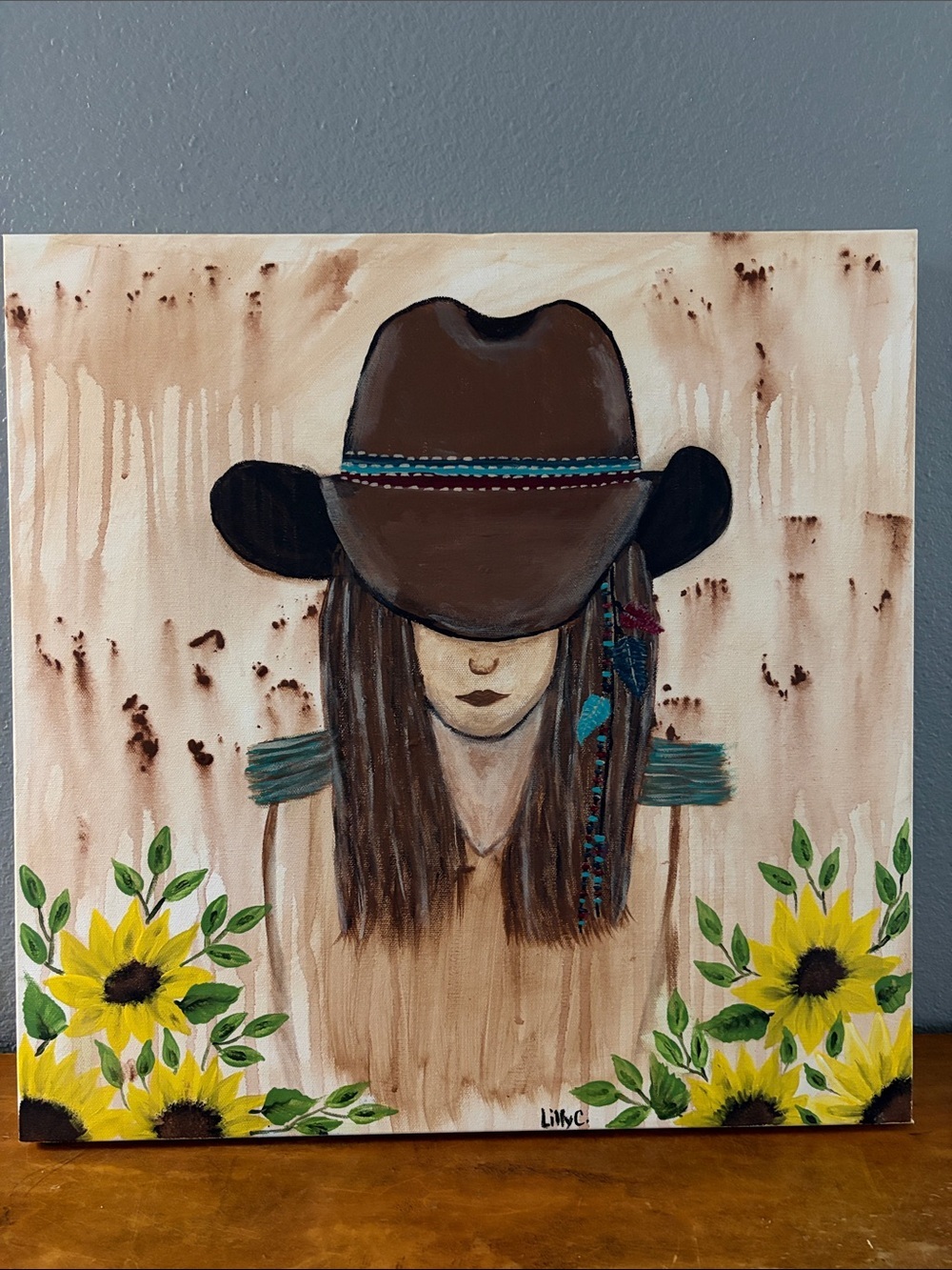 Hand Crafted Cowgirl Portrait Canvas - Brown, Yellow, Green, Teal